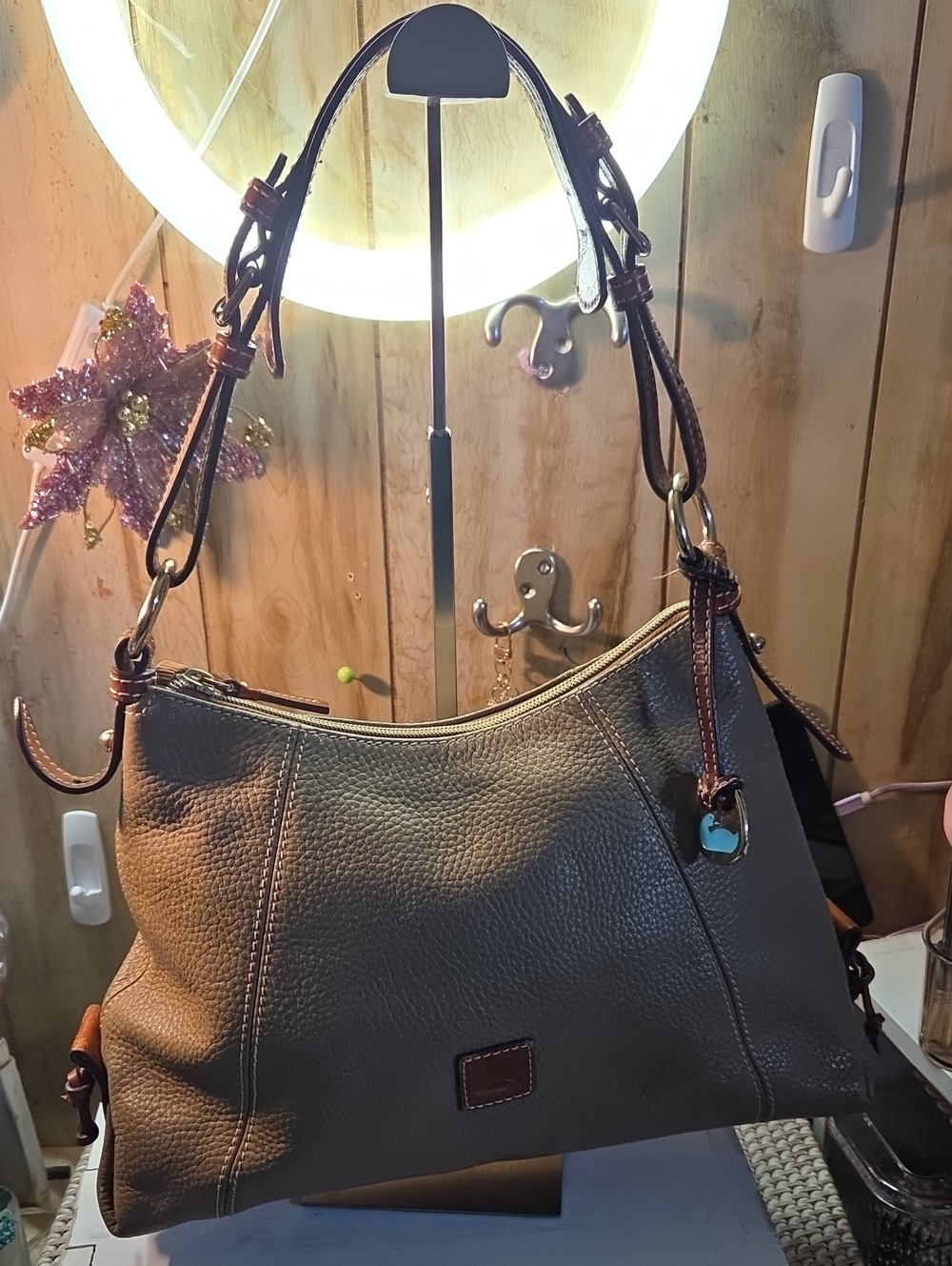 Dooney & Bourke Pebbled Taupe Leather Shoulder Bag with Brown Trim Needs Cleaned